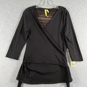 Green Dragon Womens L V Neck Wrap Top With Lace 100% Cotton Black NWT - Picture 1 of 14