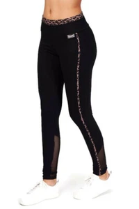 PINEAPPLE Dancewear Womens Leopard Piping Mesh Panel Leggings Black Full Length - Picture 1 of 2