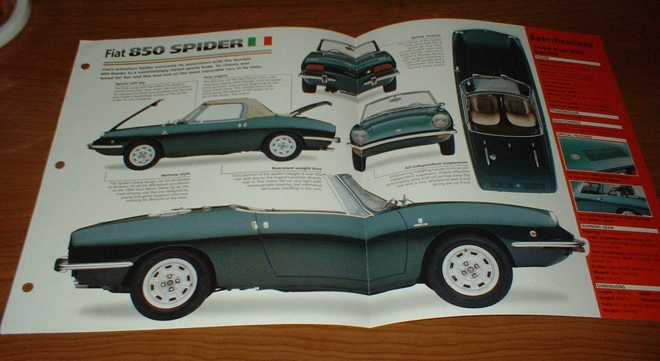 Fiat 850 Spider 1969 hoja de especificaciones folleto póster impresión foto 69 65 66 67 68-72 Foto 1 de 1