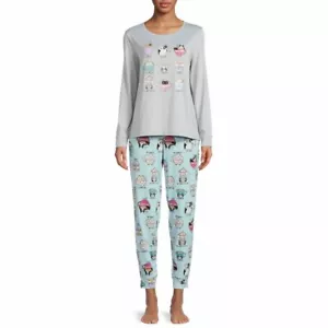 COFFEE CATS LONG SLEEVE JOGGER SECRET TREASURES GRAY BLUE PANTS PAJAMAS SET 3X - Picture 1 of 5