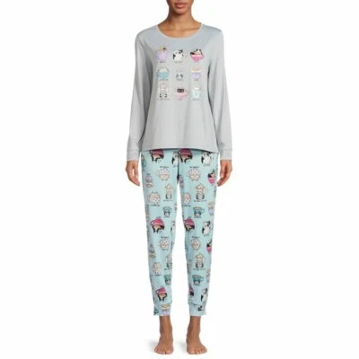 COFFEE CATS LONG SLEEVE JOGGER SECRET TREASURES GRAY BLUE PANTS PAJAMAS SET 3X - Image 1 of 4