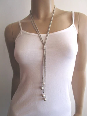 Damen Hals Kette lang Y Modekette Silber Kugeln Perlen Strass Lagenlook Trend - Bild 1 von 4
