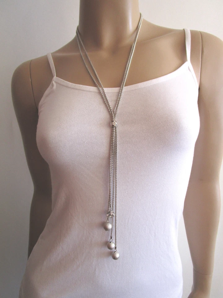 Damen Hals Kette lang Y Modekette Silber Kugeln Perlen Strass Lagenlook Trend - Bild 1 von 4