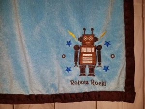 Blue Robots Rock Brown Trim Baby Blanket Soft plush Lovey Throw - Picture 1 of 11