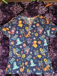 Disneys Winnie the Pooh - Scrubs Top/Shirt - Pooh & Friends - Blue Size Small - Picture 1 of 8