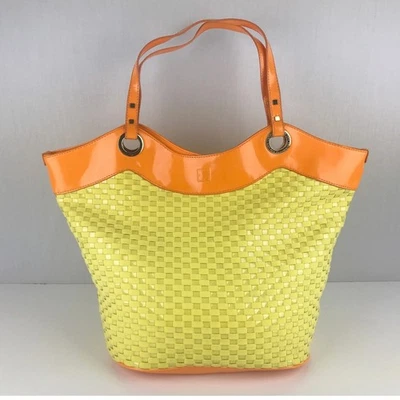 Liz Claiborne Tote Bag Woven Yellow Body Orange Patent Leather Trim - Image 1 of 4