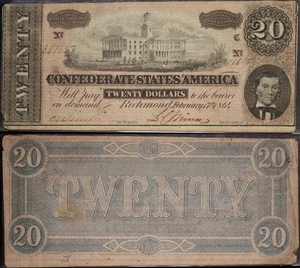 1864 Feb 17th  - $20 Confederate States Bill Richmond SN# 36163 - Picture 1 of 3