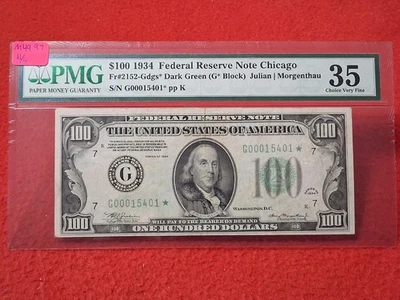 1934 $100 FEDERAL RESERVE NOTE Fr#2152-Gdgs* DARK GREEN PMG 35 CH/VF  #M-4997 - Image 1 of 3