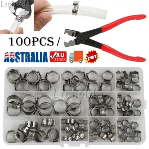 100Pcs Hose Clamp Single Ear Stainless Steel Clip Crimp Air Water Fuel Pipe Set - Picture 1 of 17