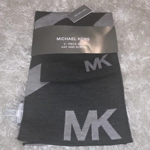 Michael Kors Men's Gray Vertical Logo MK Scarf And Beanie Hat 2 Piece Set NWT - Picture 1 of 4