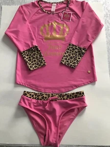 Juicy Couture Girls 12 Rash Guard Bikini 2-Piece Swimsuit Pink/Leopard Combo New - Picture 1 of 12