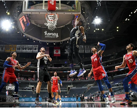 Terance Mann LA Clippers Unsigned Dunk vs. Philadelphia 76ers Photograph Cover