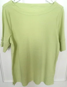 C J BANKS Elbow Sleeve w Button Trim Lime Boat Neck 100% Cotton Top X - Picture 1 of 4