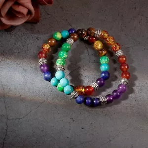 7 Chakras Bracelets 2Pcs Reiki Natural Gemstone Healing Balancing Round Beads - Picture 1 of 7