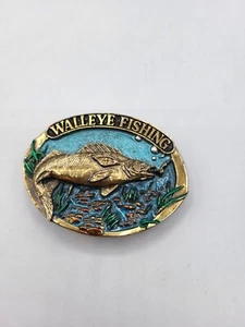 Walleye Fishing Fisherman 80s 1988 Vintage Brass Belt Buckle Made In The USA - Picture 1 of 4