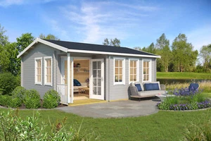 Gartenhaus Blockhaus Satteldach 44 mm Sri Lanka Gold grau 580x500 cm Lasita - Bild 1 von 7