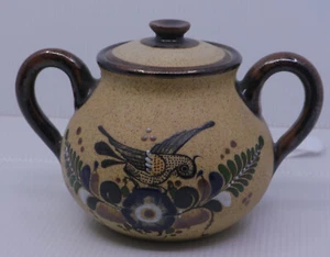 VINTAGE TONALA MEXICO ART POTTERY HAND PAINTED LARGE SUGAR BOWL, BIRD & FLOWERS - Picture 1 of 9