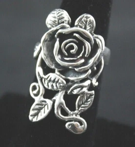 .925 Sterling Silver Ring Rose/Flower With Leaves - Picture 1 of 8