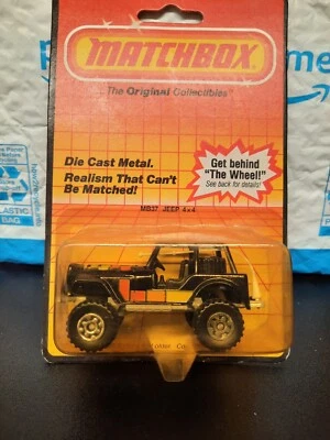 Jeep Matchbox MB37 1983 de colección 4 x 4 - negro con rayas rojas, naranjas, amarillas Foto 1 de 4