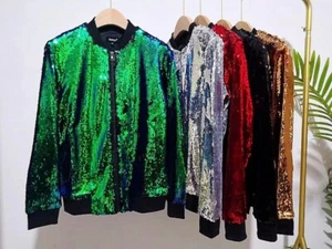 Glitter Fashion Jacket Coat Women's Party Mid Long Bomber Coat Cardigan - Picture 1 of 19