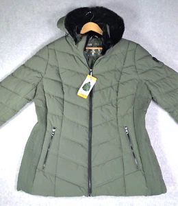 Nautica Womens Puffer Jacket Size 2XL Faux Fur Hood Stretch Sage Green - Picture 1 of 15