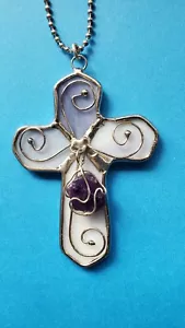 Purple Stained Glass Cross Suncatcher w Amethyst Charm Car Charm NEW - Picture 1 of 4