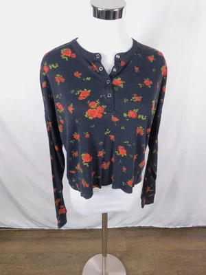Wild Fable Shirt Womens XS Black Floral Waffle Knit Henley Cropped Long Sleeve - Image 1 of 4