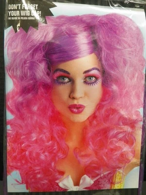 Peruca Amscan neon rosa e roxo encaracolado rabo de cavalo furioso Halloween - Imagem 1 de 3