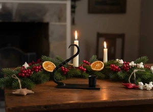 Primitive Rustic Black Iron Taper Curved Taper Holder with Handle - Picture 1 of 4