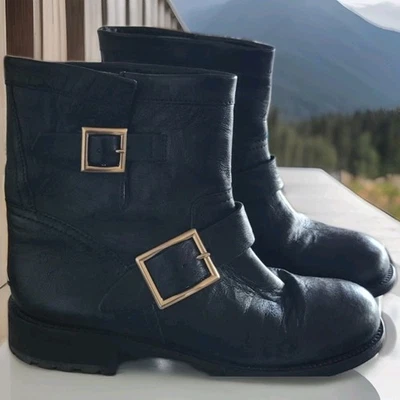 Botas Jimmy Choo Juveniles Negras Motociclista Cuero Hebilla Arrugada Foto 1 de 4