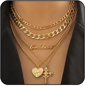 Chunky Gold Necklace Stack Layered Gold Necklaces for Women Non Tarnish Silver S - Picture 1 of 12