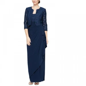 Alex Evenings Women Maxi Long Dress Half Sleeve Ruffle Solid Round Neck A3536 - Picture 1 of 20