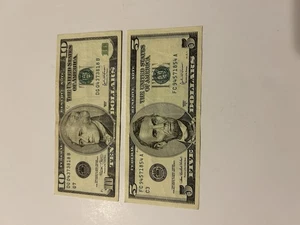 2003A $5 Bill FC94571854A & 2003 $10 Bill DG04373818B In Good Condition - Picture 1 of 4
