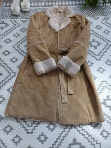 💯 Leather Fur Afghan shearling style Boho Style Long Belted y2k Coat 12 14 L - Picture 1 of 13