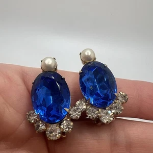 Vintage blau & klar Strass Kunstperlen Clip auf Ohrringe Statement - Bild 1 von 5