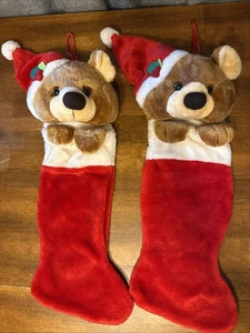 2 Vintage Smithy Stuffed Teddy Bear Stockings Plush Santa Hat Red Christmas Head - Picture 1 of 20