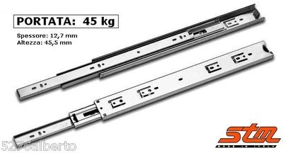 GUIDE SCORREVOLI a SFERE per CASSETTI Portata 45 kg Estrazione Totale Cuscinetti - Immagine 1 di 3