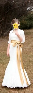 Ivory Wedding Dress Lace Elizabeth Cooper Mermaid w/ Shrug Modest Gold Sash Veil - Picture 1 of 12