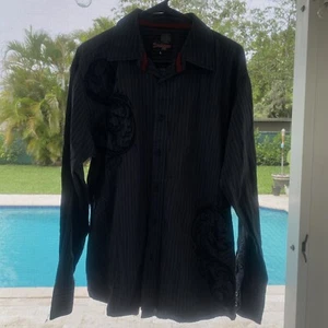 Point Zero Mens Large Black Button Up Shirt Embroidered Long Sleeve Y2K Style - Picture 1 of 8