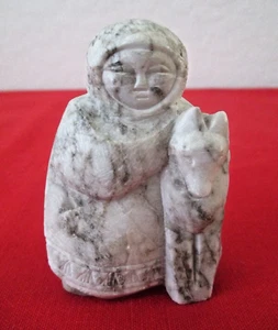 Intuit Boy W/ Pet Wolf Soapstone Sculpture White Serpentine Figurine 3" Vtg AZ54 - Picture 1 of 10