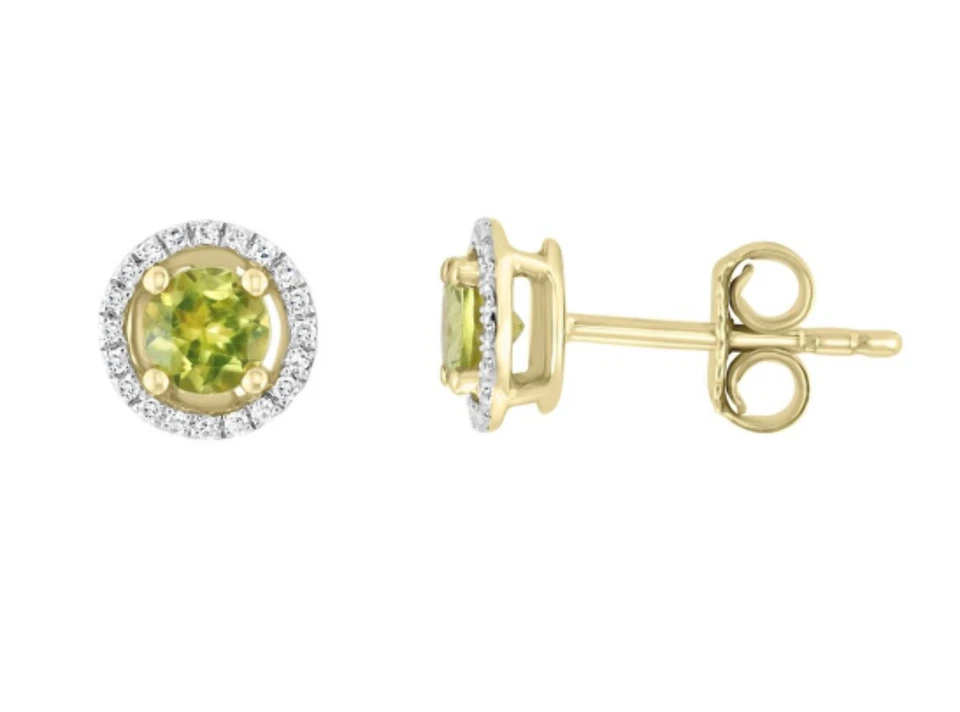 Round Shape Peridot and Diamonds Solitaire/Stud Earrings in 14K Yellow Gold (0.6 - Image 1 of 1
