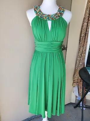 SUZI CHIN Maggy Boutique Midi Dress Womens 2 Green Colorful Beaded Neck Stretch - Image 1 of 4