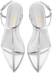 Athlefit Women Buckle Strappy Pointed Open Toe Ankle Strap Flat Sandals,Silver,8 - Picture 1 of 8