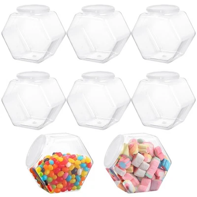 Tarros de caramelo de plástico de 8 piezas, tarros de galletas transparentes con tapas, tarros de galletas hexagonales para... Foto 1 de 4