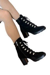 Aquatalia Black Iriana Weatherproof Suede & Leather Block Heel Boots Lace Up 7.5 - Picture 1 of 23