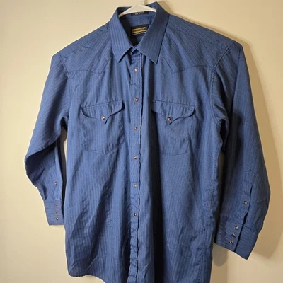 Panhandle тонкий мужской длинным рукавом рубашка XL 17-33 синий в полоску на пуговицах. защелки - Изображение 1 из 4