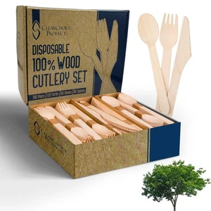 Set di Posate Compostabili - 300 Pezzi Utensili in Legno [120 Forchette, 90 Cucchiai, 90 K... - Foto 1 di 7