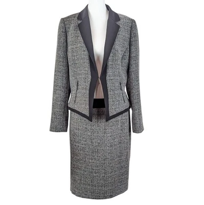 Tahari ASL Chaqueta Falda Traje Talla 10 Gris Negro Tweed Bolsillos con Cremallera Carrera Clásica Foto 1 de 4