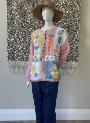 Cárdigan Suéter Vintage Alexandra Bartlett Rosa Conejitos Botón Pascua XL Foto 1 de 4