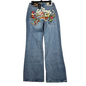Pantalones de mezclilla holgados Ed Hardy para mujer talla 28 grandes Y2K estampado trasero Koi Dragon Tiger *NUEVOS CON ETIQUETAS* - Imagen 1 de 9